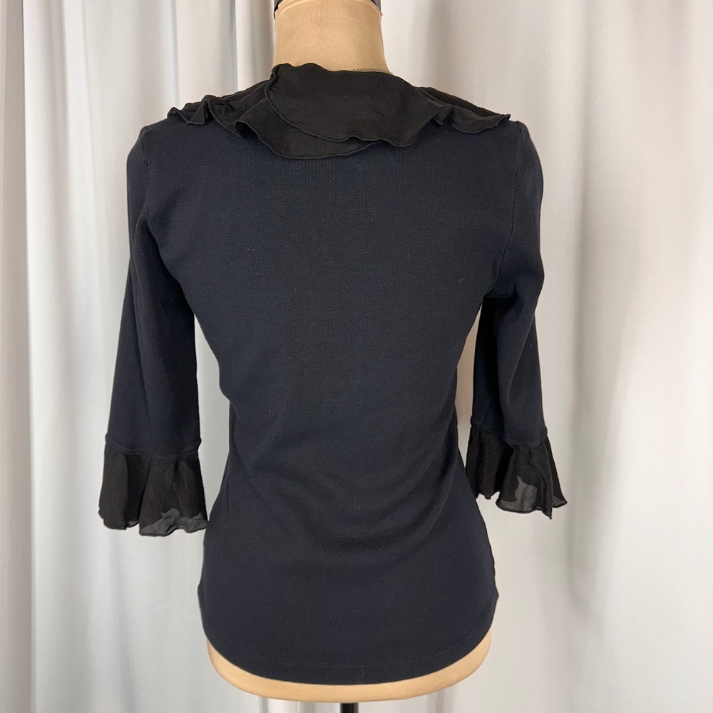 Barbara Lesser Fibers Black Ruffle V-Neck Cotton Top 3/4 Bell Sleeve Small - Picture 4 of 16